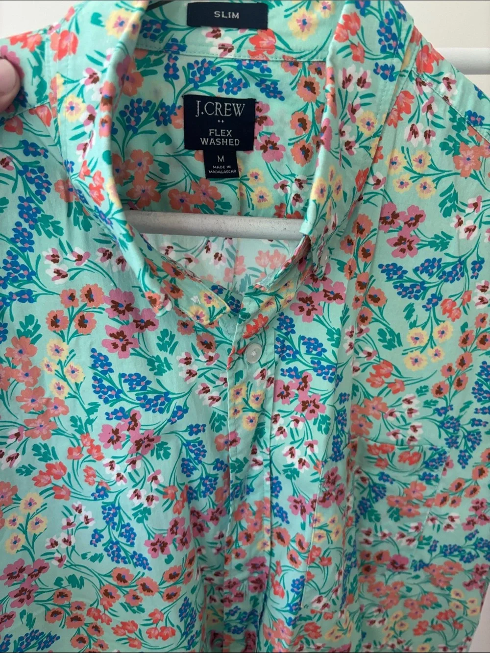 J. Crew Mint Floral Short-Sleeve Button-Down Shirt with Coral and Blue Accents